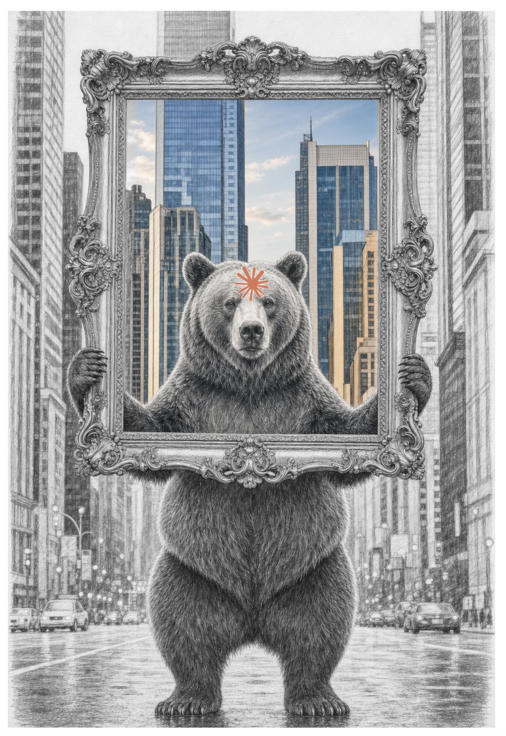 A pencil-sketch bear standing in a city street, holding up an ornate frame. Inside the frame the city is in color; outside it, everything is pencil. An orange spark sits on the bear's forehead.